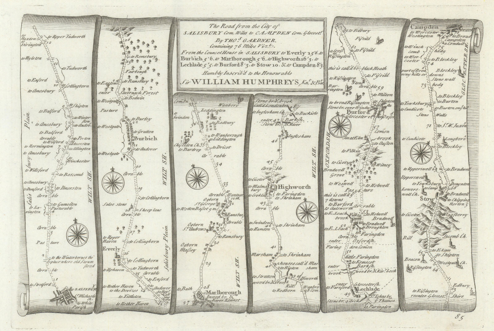 Salisbury - Marlborough - Chipping Campden. GARDNER road map #85 1719 old